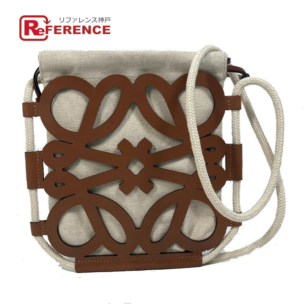 Loewe Anagram Cutout Crossbody Bag Shoulder Canvas Leather Beige Brown
